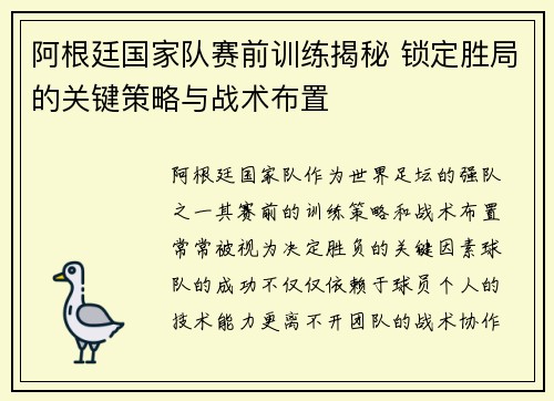 阿根廷国家队赛前训练揭秘 锁定胜局的关键策略与战术布置