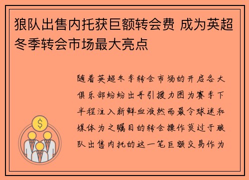狼队出售内托获巨额转会费 成为英超冬季转会市场最大亮点
